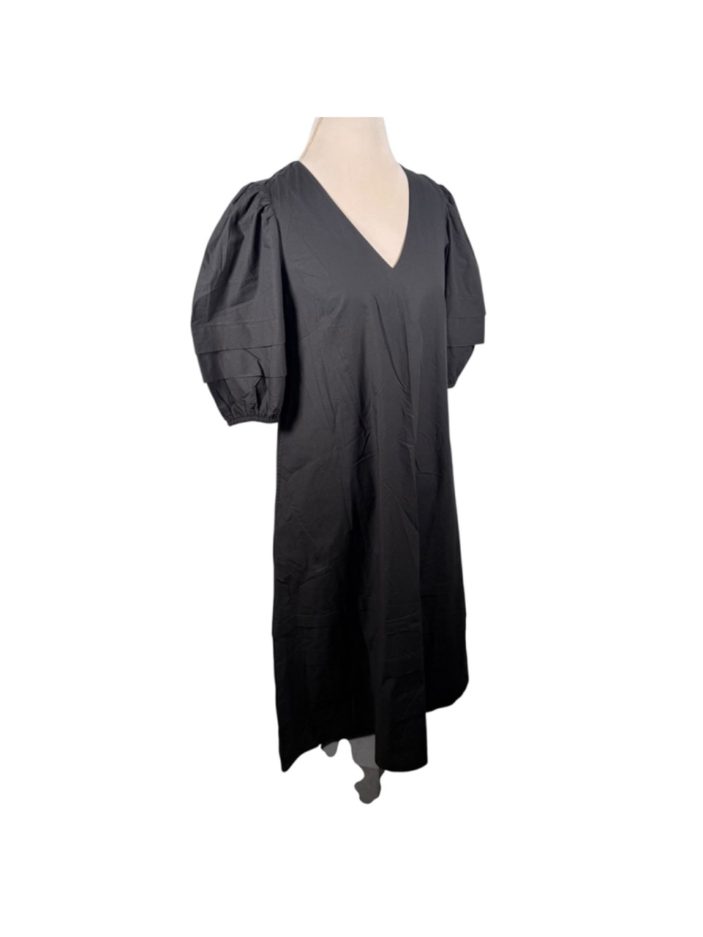 OLIVIA JAMES The Label Georgia Black Cotton Poplin V-Neck Puff Sleeve Midi Dress - Picture 10 of 11